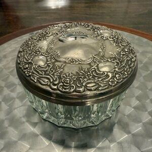Silver Metal Lid Crystal Glass Powder Jar Vanity Dish Trinket Box  with mirror